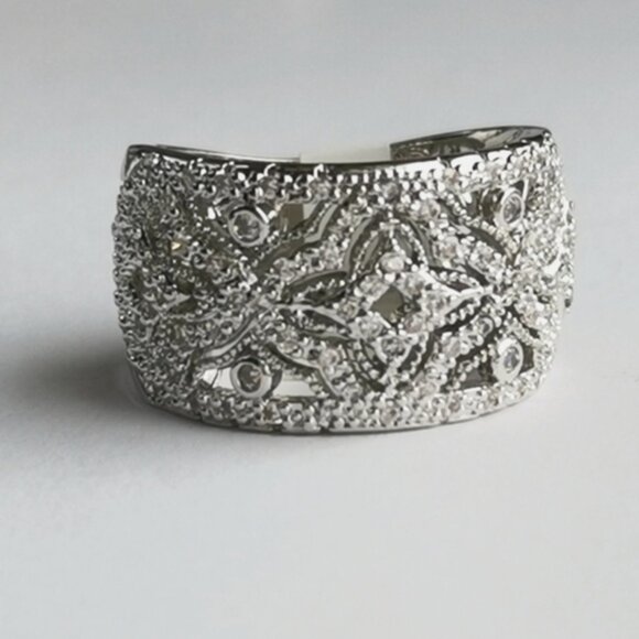 Atelier Jewelry - CZ Filigree Band Ring in 14k white gold overlay size 8